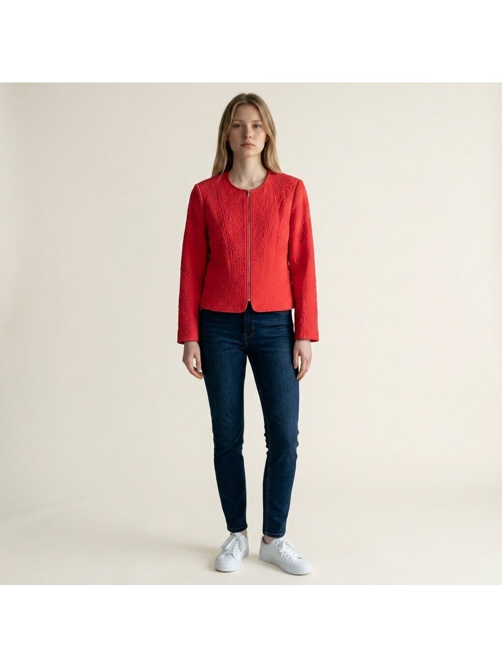 Louben Basic Jacket Women 12 Red Full Zip Long Sleeve Cotton Casual Solid